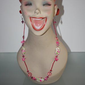 Women's Colorful Beaded Necklace & Earring Set Fashion Jewelry Pink